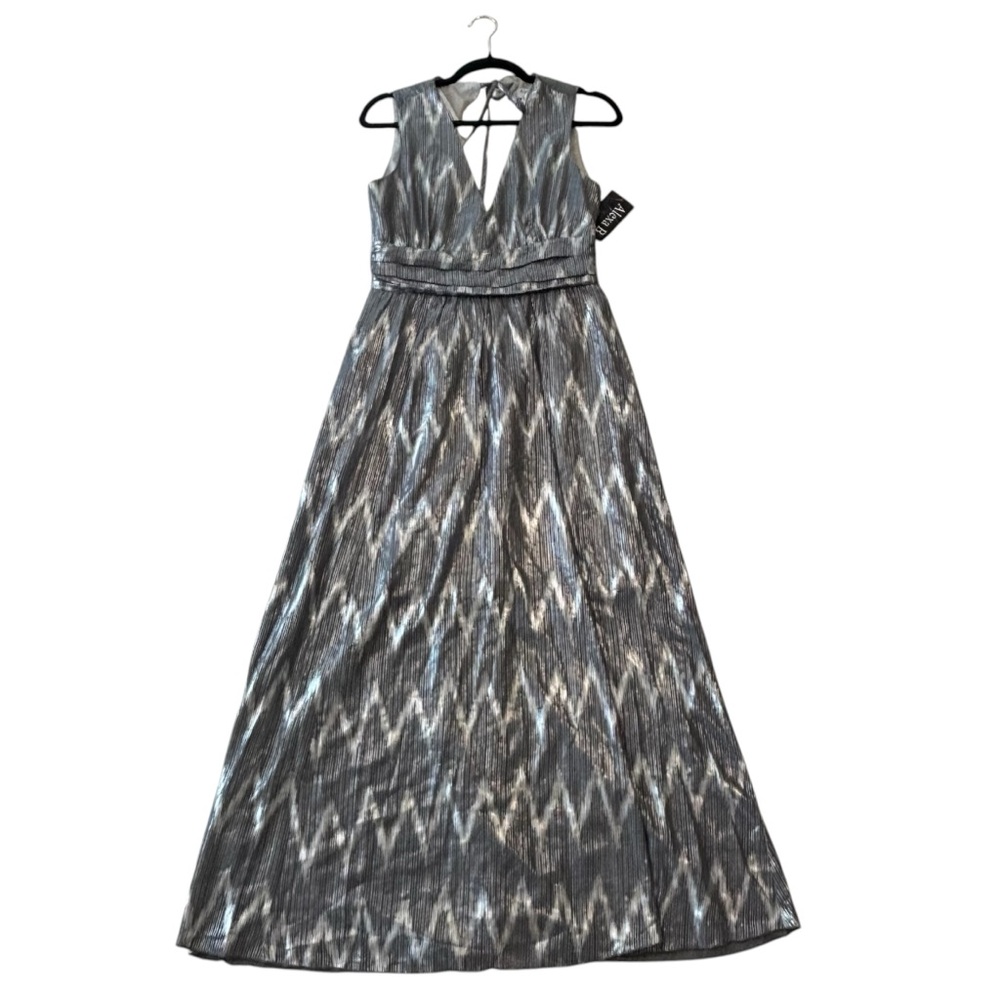 Alexa B Metallic Silver V-Neck Sleeveless Evening Dress